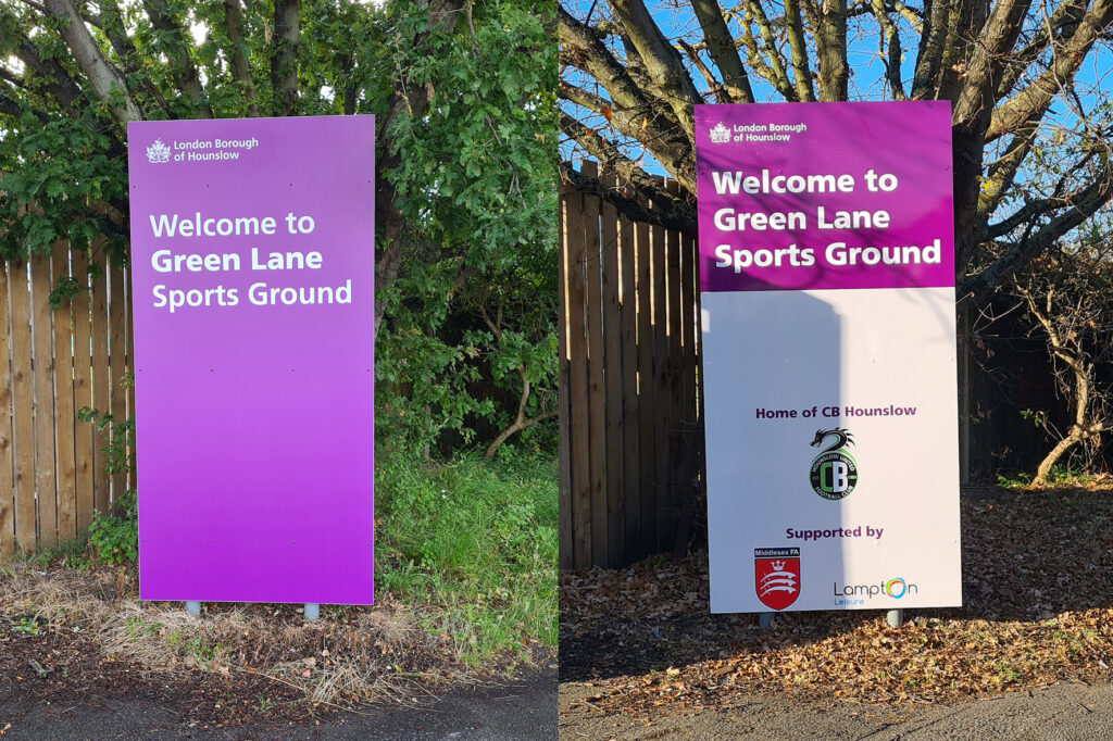 Signs on posts installed at a sports ground