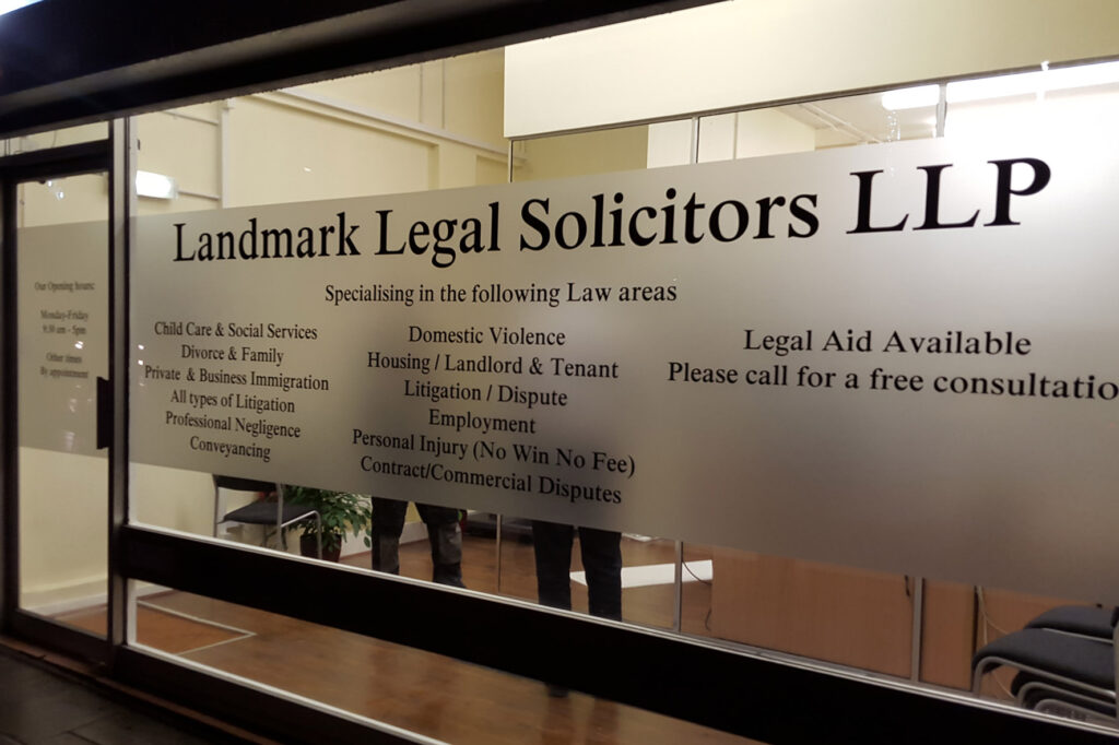 Frosted Etch vinyl on window at Solicitors Shop Office