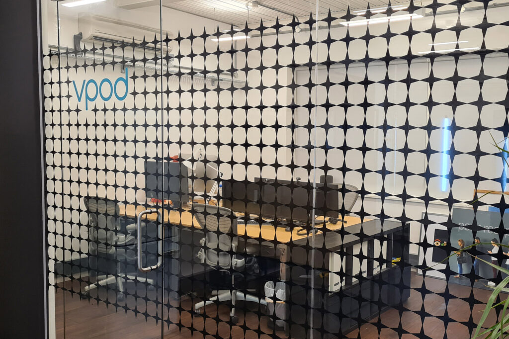 Cut vinyl applied to glass office window and door