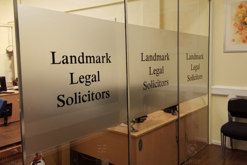 Window etch and cut vinyl applied to glass partition in Solicitors office for privacy